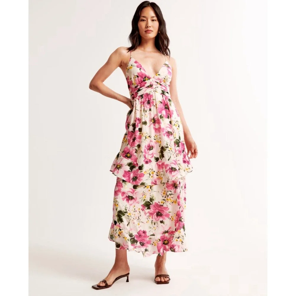 Abercrombie & Fitch Ruffle Tier Maxi Dress Size Large Petite LP‎ Floral $120